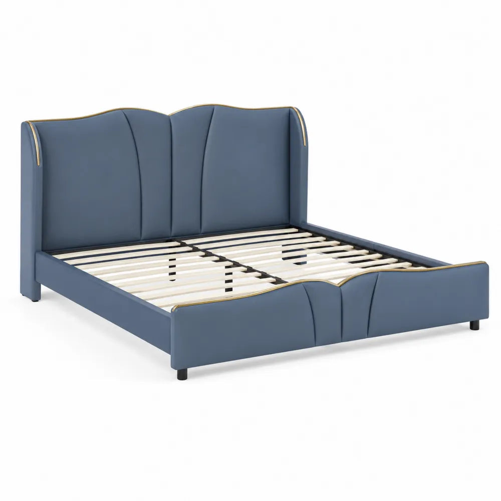 Letto matrimoniale in legno e tessuto blu con testiera