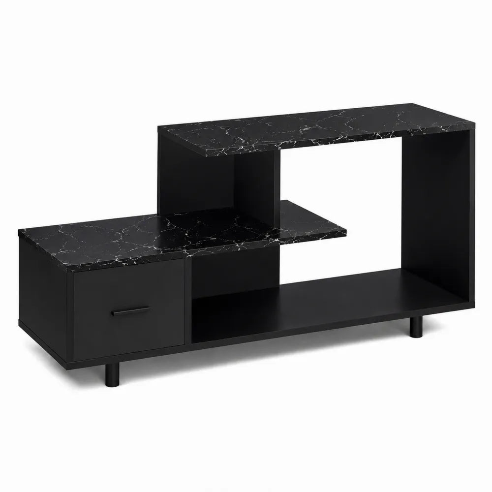 Mobile TV nero in MDF e piano effetto marmo 120x30x50