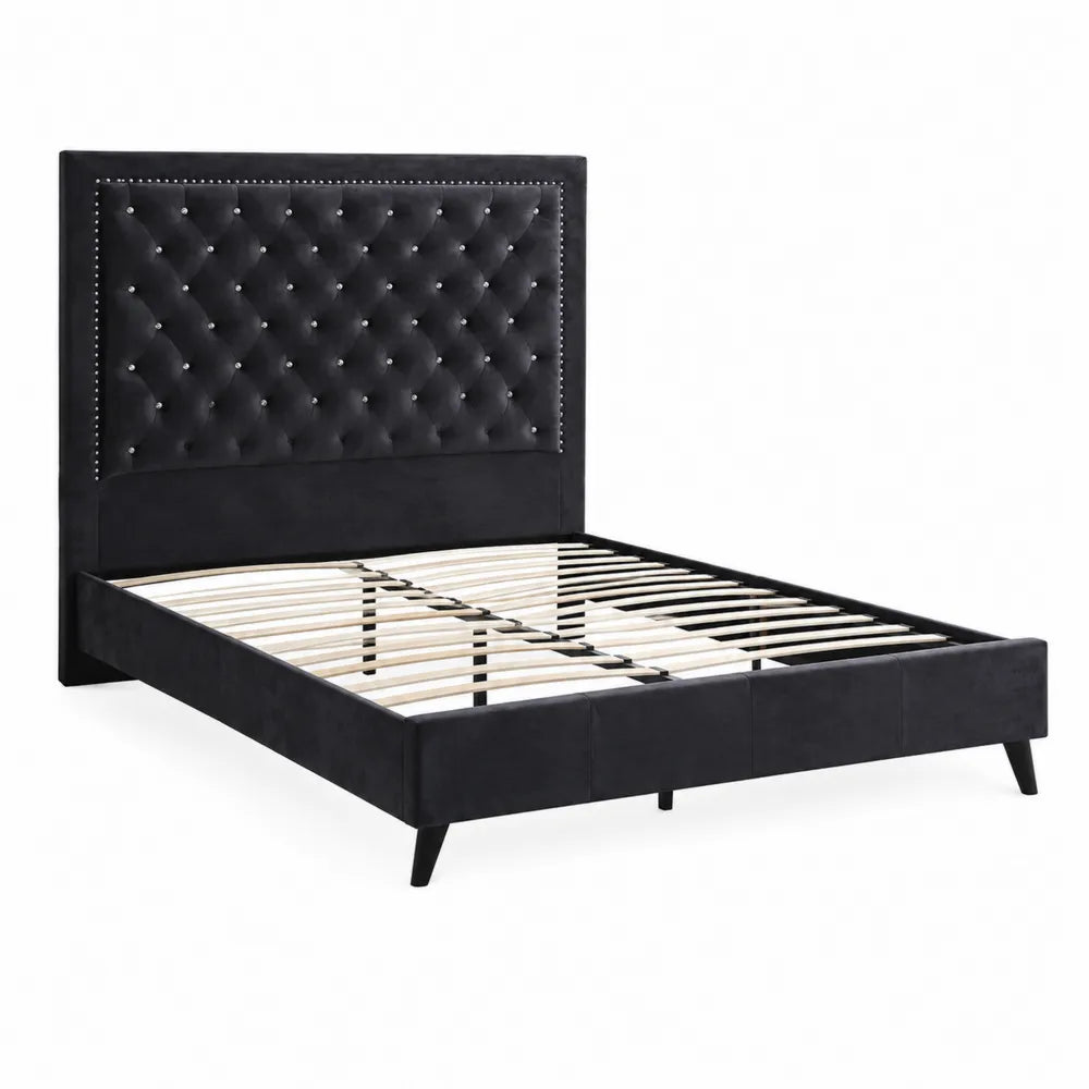 Letto matrimoniale in velluto nero con testiera imbottita e struttura in legno, 200x160