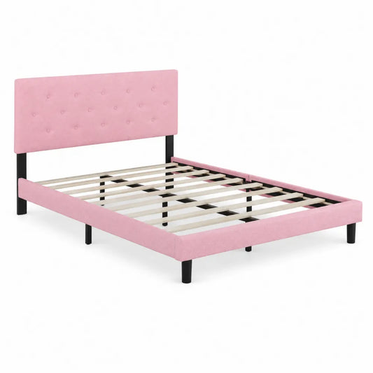 Letto matrimoniale imbottito in tessuto rosa con struttura in