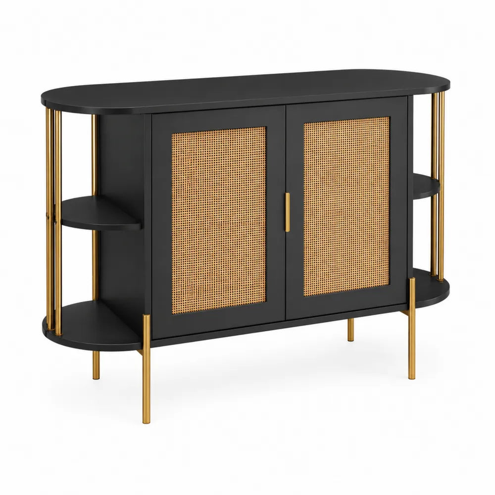 Credenza in legno e rattan con gambe in