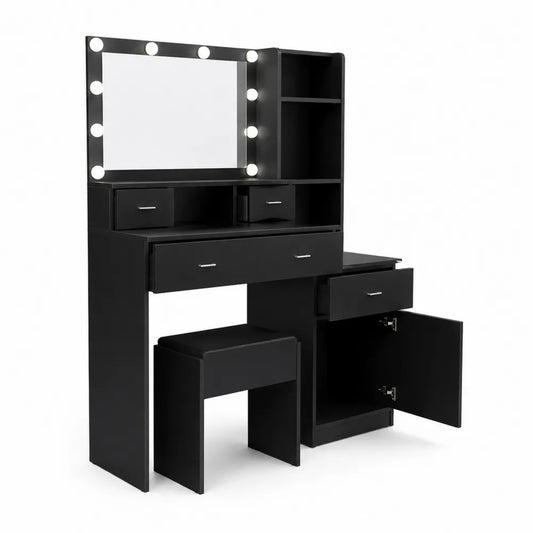Tavolo da toeletta in MDF nero con specchio illuminato e