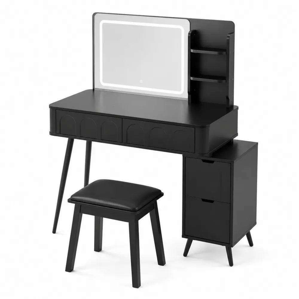 Tavolo da Toeletta Nero con Specchio LED e Sgabello in MDF e