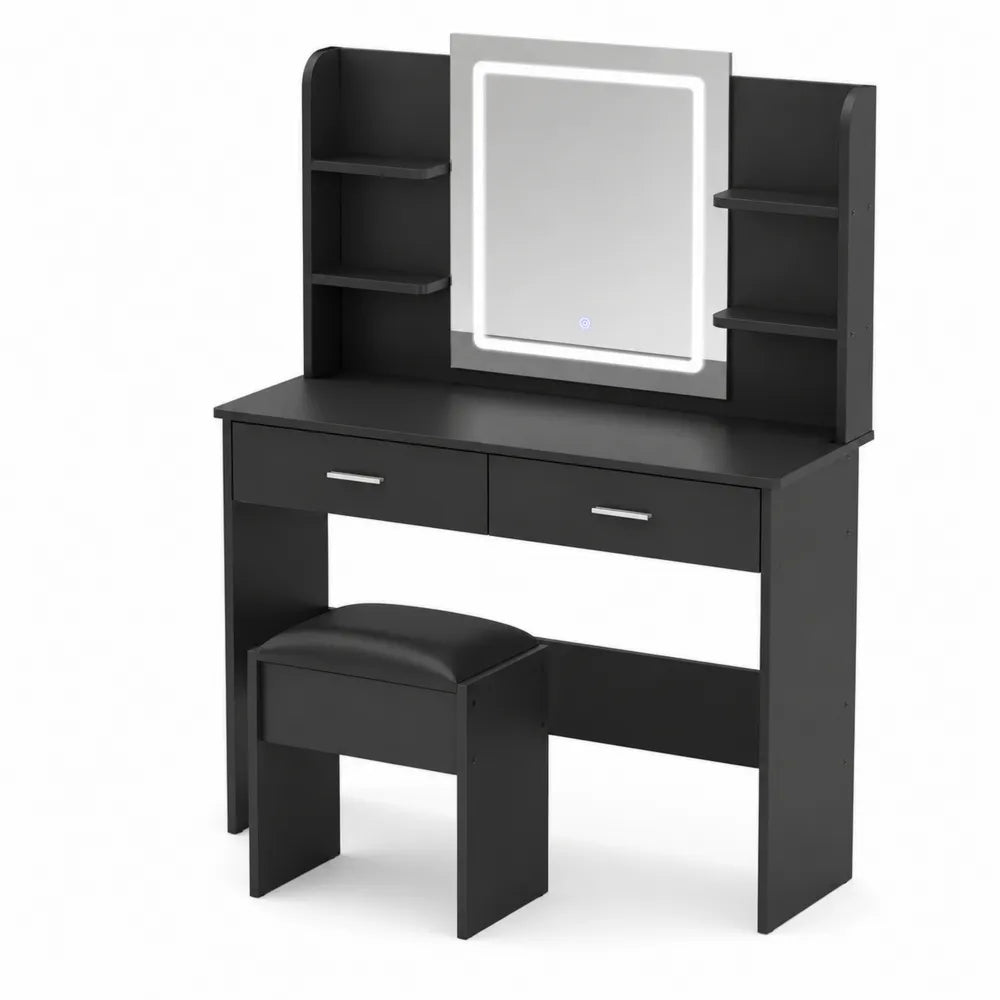 Tavolo da Trucco in Legno Nero con Specchio LED e